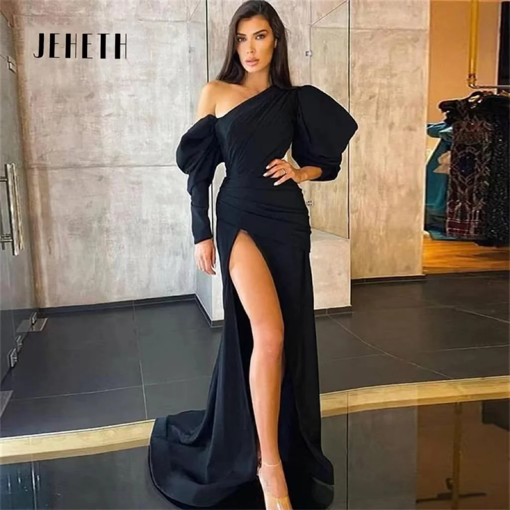 

JEHETH Sexy Black One Shoulder Formal Mermaid Evening Dresses High Split Long Sleeves Pleats Satin Prom Party Gowns