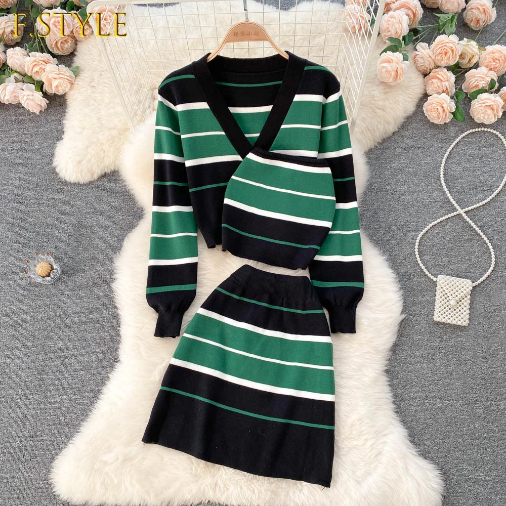 Women Outfits Korean Sweet Knit Striped Cardigans + Camisole + Skirts 3pcs Sets Short Sweater Coat + Tube Top + Mini Skirt Suits