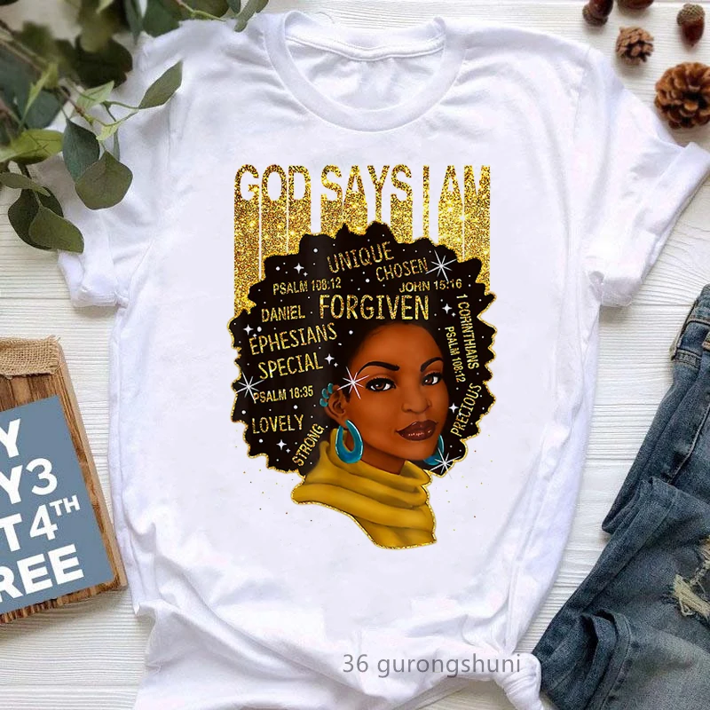 

Golden God Says I Am Unique Special Lovely Strong Graphic Print Tshirts Women Black Girls Magic T Shirt Femme Melanin T-Shirt