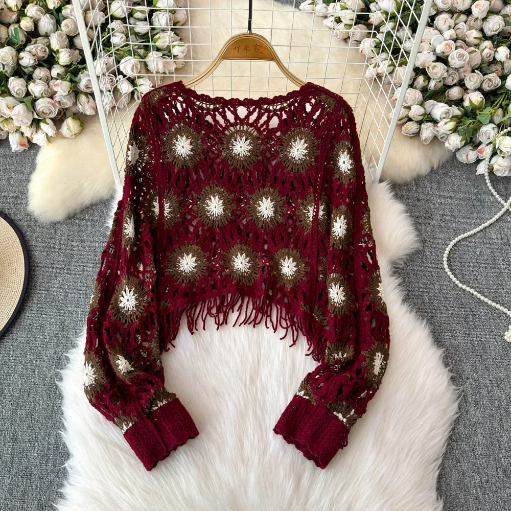 Винтажный элегантный вязаный Топ с круглым вырезом цветочным узором и вырезами