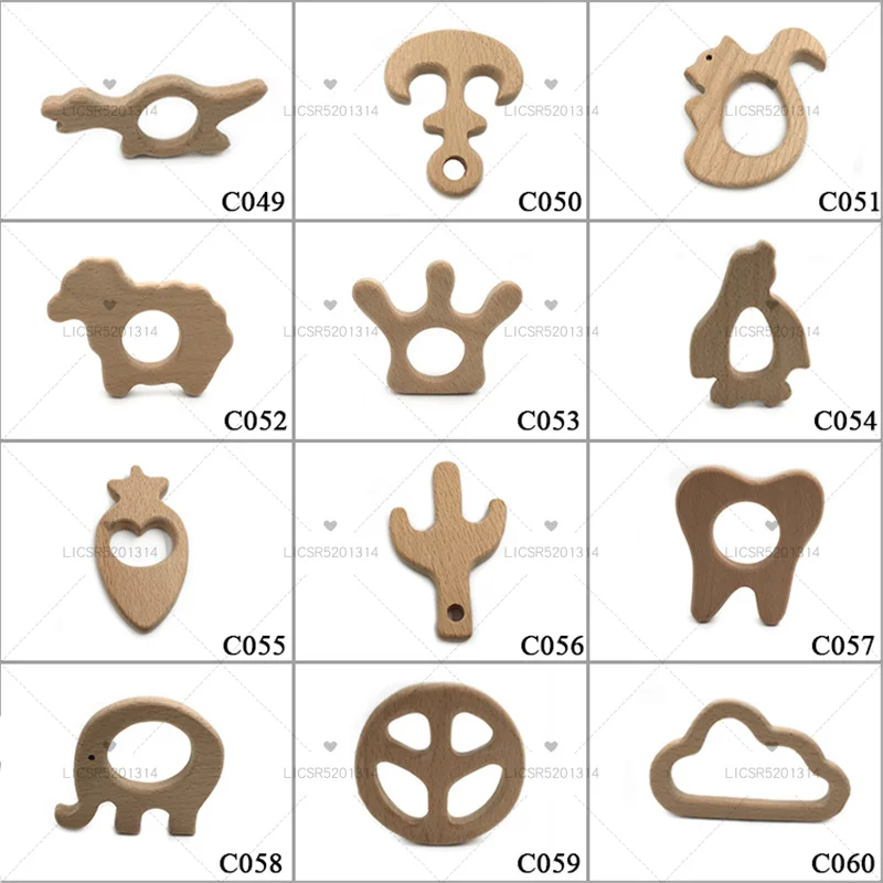 10pc Wooden Teether Animals Beech Teething Grasping Wooden Animal Toy Rodent Baby Teether Pendant DIY Pacifier Chain Kids Goods