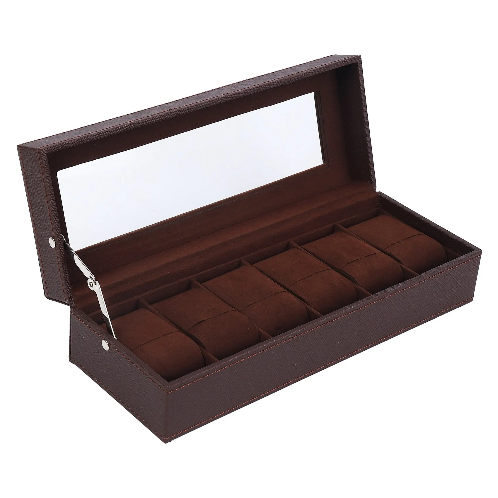 

6 Slots PU Leather Watch Display Case, Glass Topped Watch Display Case Watch Jewelry Organizer,Brown
