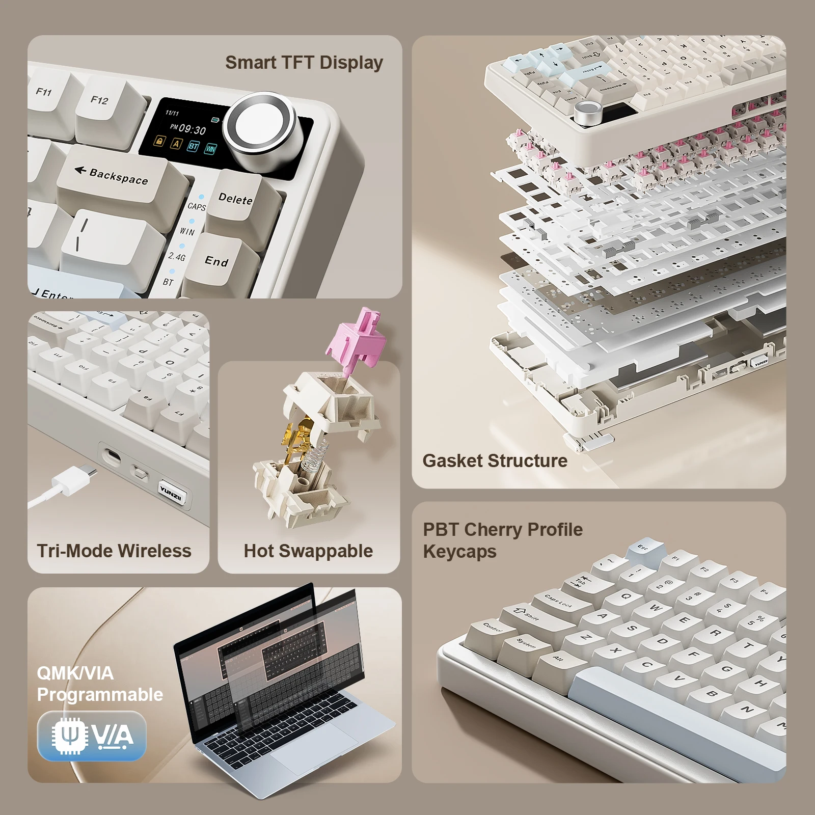 Фото Беспроводная механическая клавиатура YUNZII B75 PRO MAX, игровая клавиатура QMK/VIA Custom 75% с экраном и ручкой, кремовые звуки для Win/Mac №2