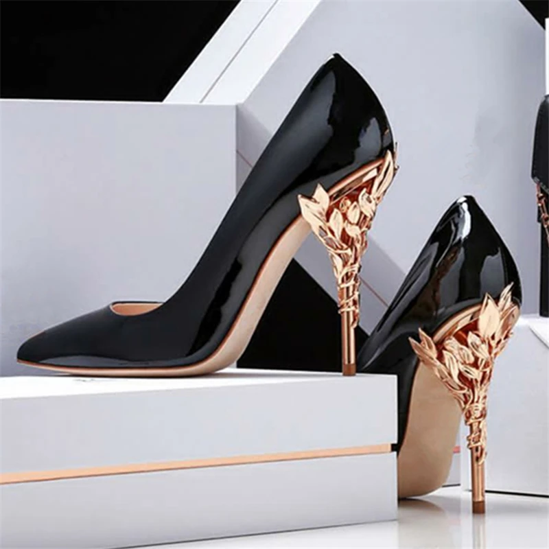 

Black Patent Leather Women Pumps 9CM High Heels Designer Strange Heel Female Wedding Dress Shoes Fashion Metal Decor Stiletto