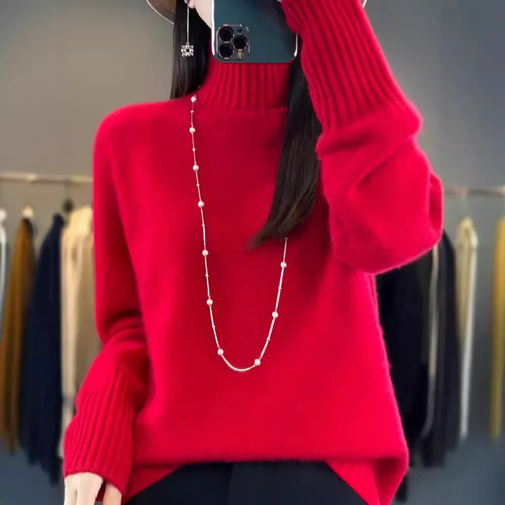 Женский вязаный топ из 100% шерсти пуловер с полуполо/черепаховым воротником