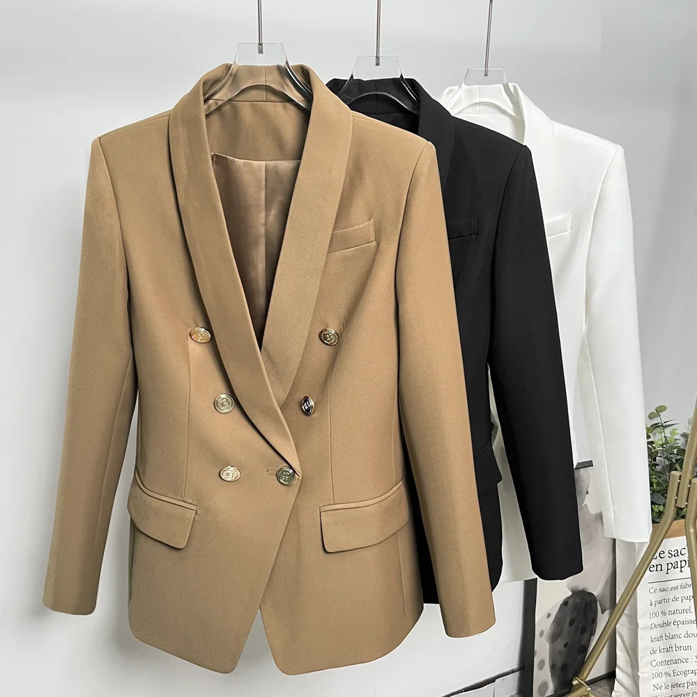 HIGH QUALITY Khaki Jacket Blazer Women New Designer Slim Double Breasted Gold Button Suit Office Business Wear Blazer Formal