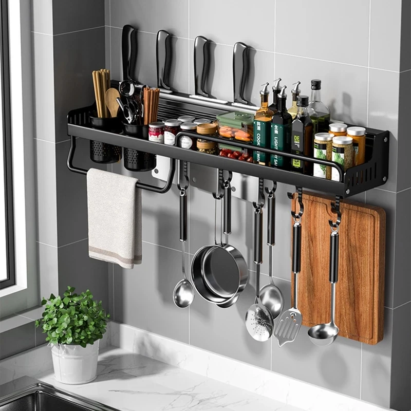 

Kitchen Storage Shelf Wall-mounted Spice Bottle Chopstick Knife Holder Aluminum Multi-function Kitchen Organizer Storage Rack