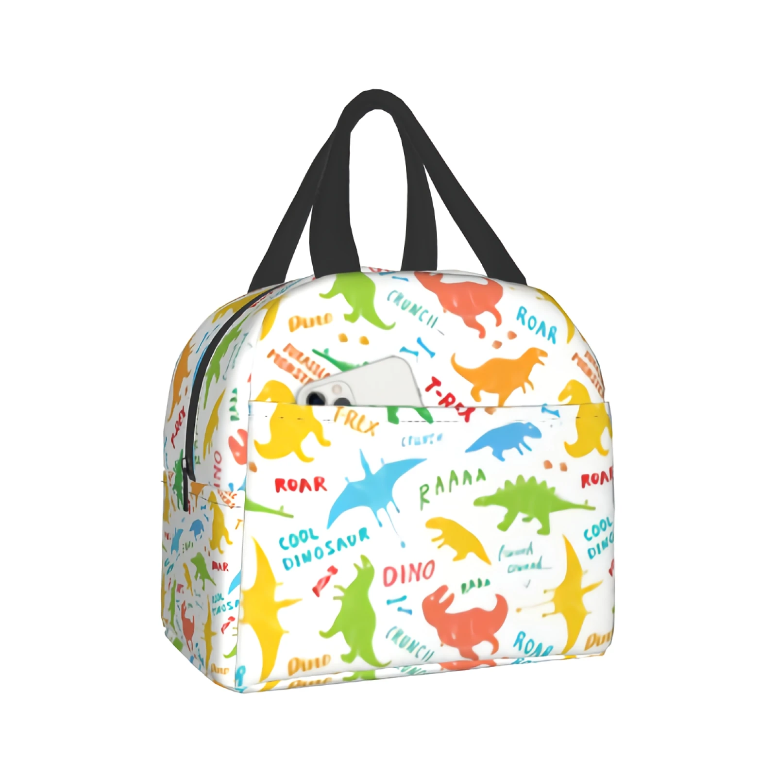 

Colorful Dinosaurs Doodles Portable Insulated Lunch Tote Bag Waterproof for Men Women Kids Cute Cartoon Dino Animal Pattern
