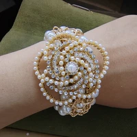 luxury handmade elastic crystal pearl camellia flower bracelet jewelry for women party gift