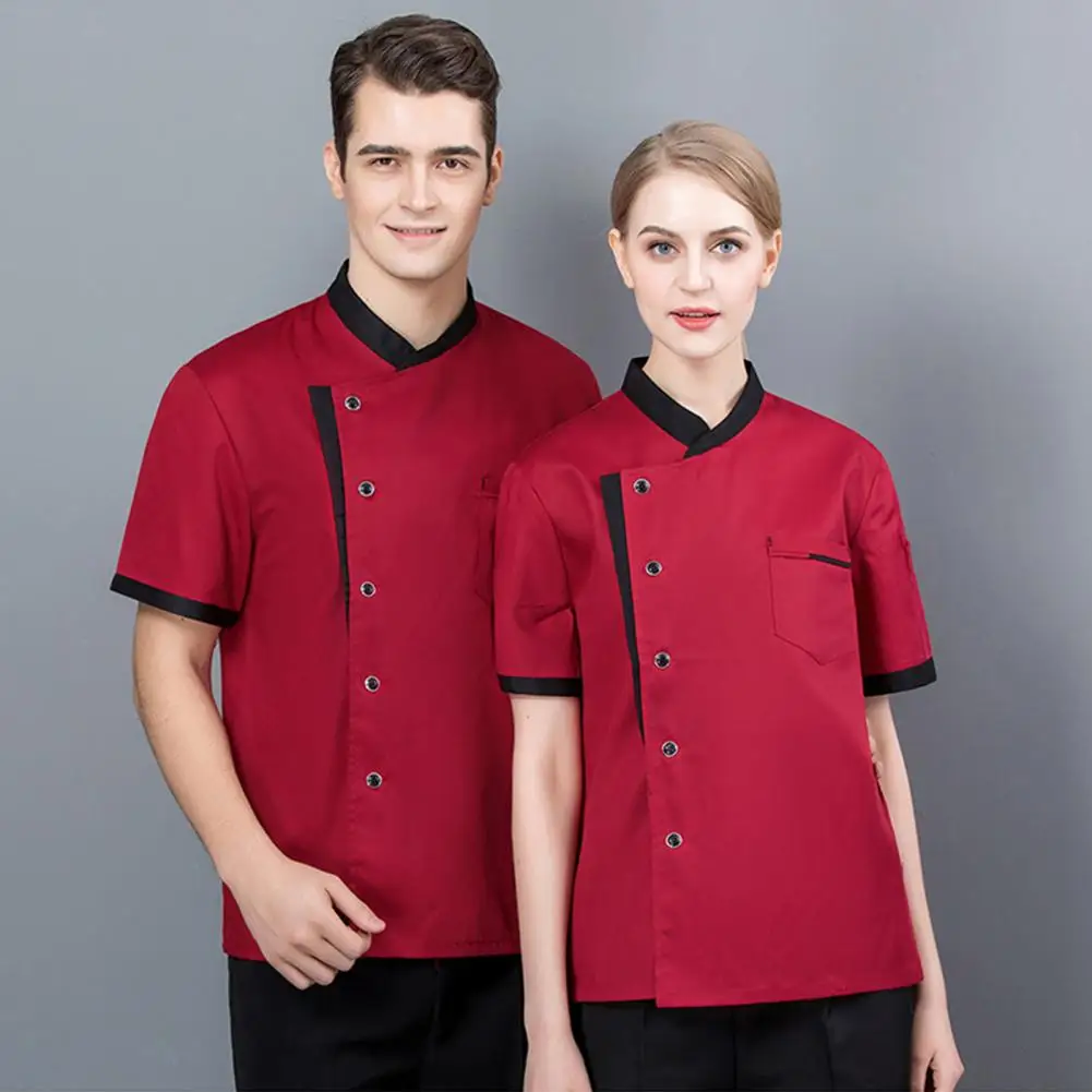 

Unisex Restaurant Kitchen Chef Uniform Short Sleeves Stand Collar Patch Pocket Jacket Baker Cook Shirt Culinary Work Clothes