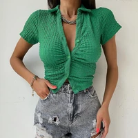 znaiml 2022 summer slim solid fold button short sleeve t shirt women streetwear y2k basic outfit birthday crop top dropshipping