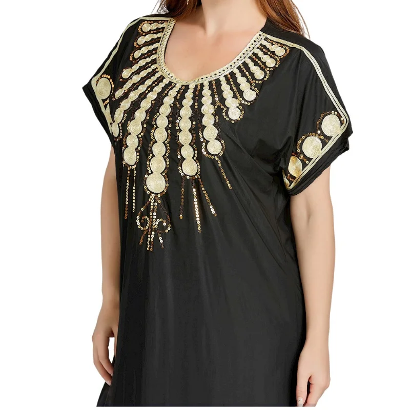 Summer Fashion Style Muslim Women O-neck Short Sleeve Black embroidery Long Dress Muslim Abaya Maxi Dress Abayas for Women