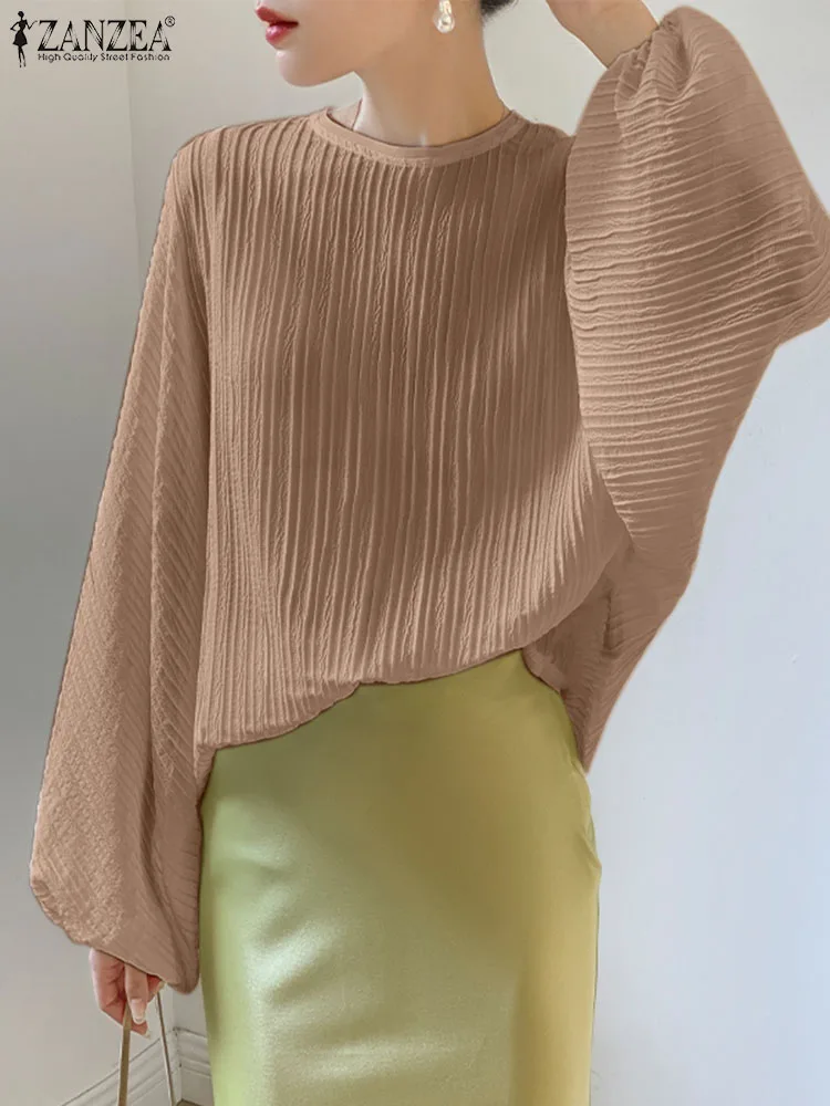 

Блузка ZANZEA Женская с длинным рукавом летучая мышь, модная шикарная рубашка со складками, однотонный элегантный топ в винтажном стиле, туника с круглым вырезом, осень 2023