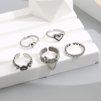 creative 5 pcsset retro geometric open heart joint ring set for women knuckle jewelry