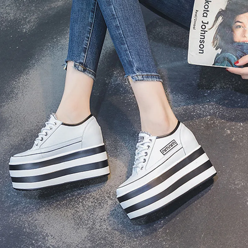 New Women Shoes 12cm Genuine Leather Platform Wedge Sneakers Chunky Hidden Heel High Women Casual Shoes Spring Summer Loafers