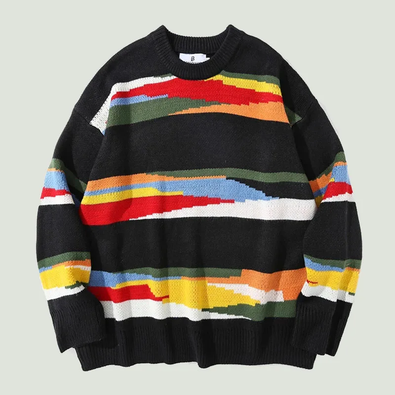 

Oversized Knitted Sweater Mens Harajuku Vintage Rainbow Striped Patchwork Jumper Streetwear Hip Hop Casual Loose Pullover Unisex