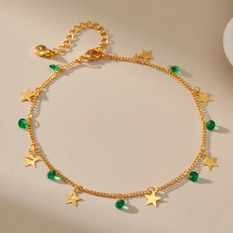 

18k Gold Plated Cute Star Pendant Green Bead National Style Anklets Adjustable Size Link Chain Anklet for Women Beach Jewelry