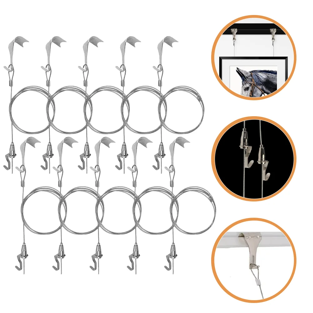 

10 Sets Suite Picture Rail Hook Wire Hanger Photo Hangers Screws Stainless Steel Kit Frame