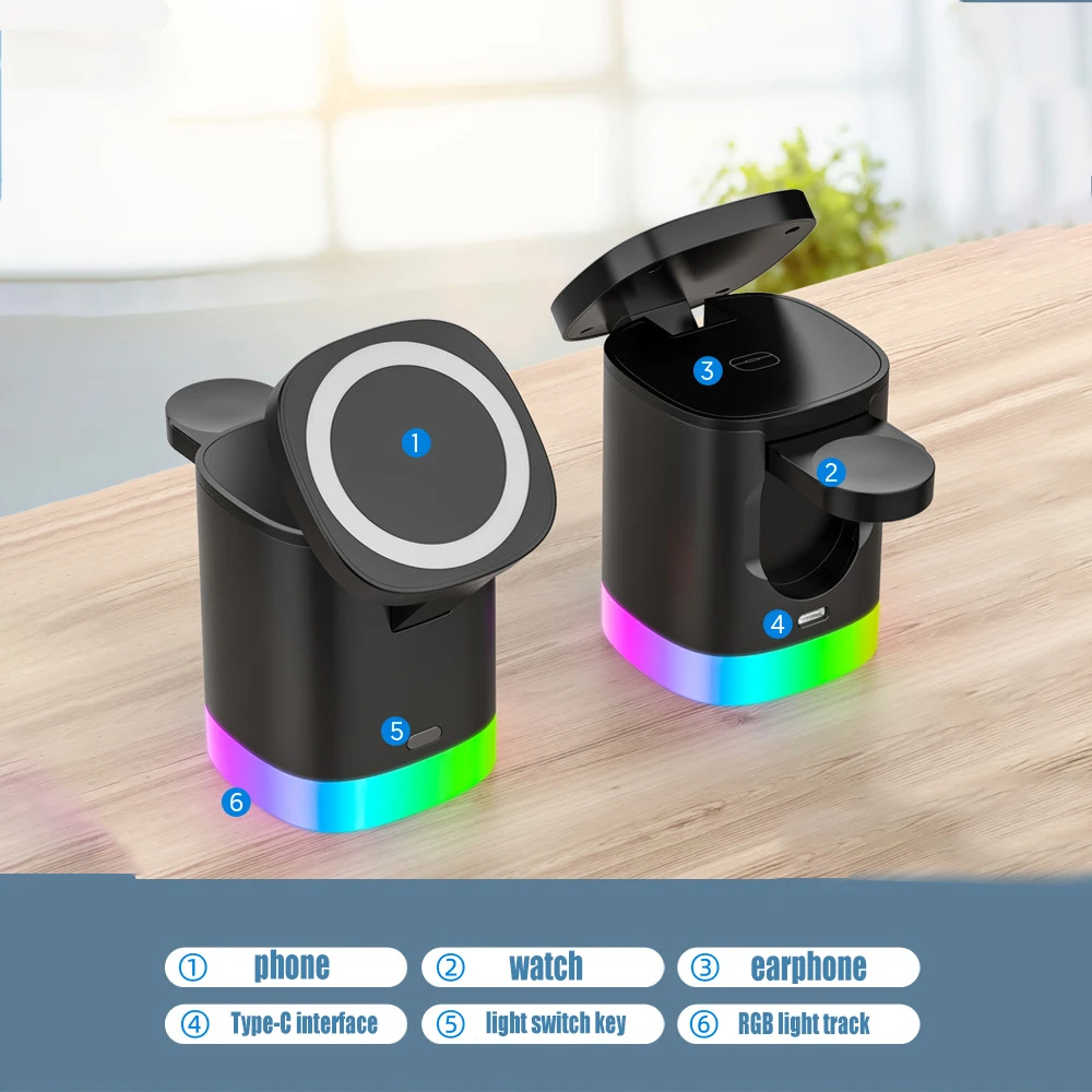 Фото Магнитная Беспроводная подставка для iPhone 14 13 12 Pro Max AirPods Apple Watch, 3 в 1 №5