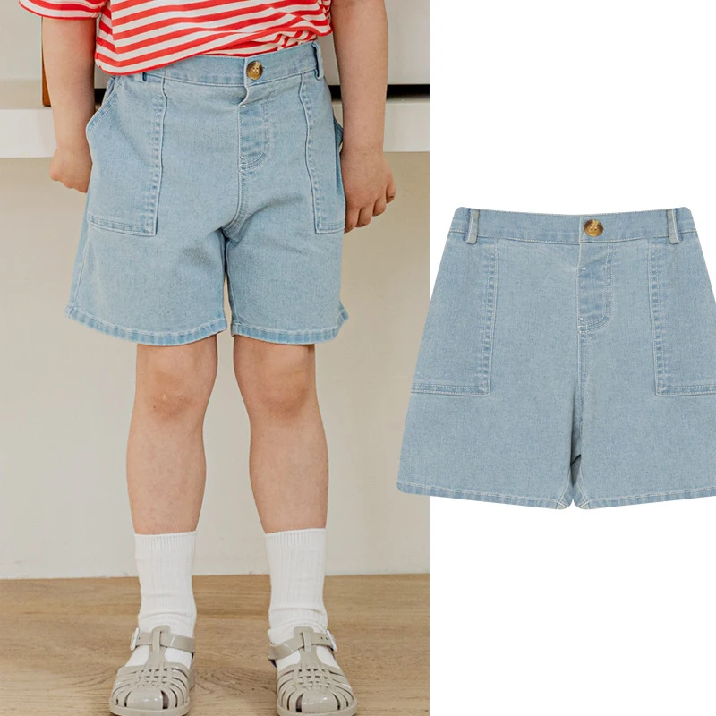 

Летние детские тонкие джинсовые шорты с высокой талией для мальчиков и девочек, свободные прямые пятиконечные брюки, джинсовые шорты с элас...