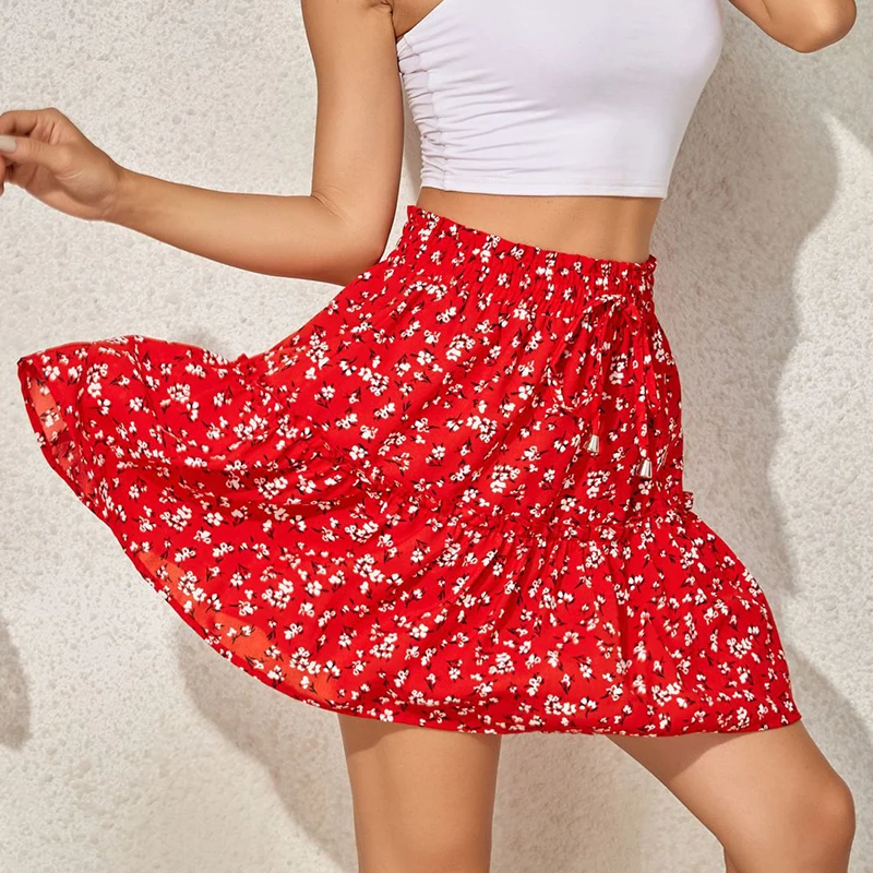 

women's high waist fashion print vintage mini skirt Summer 2021 small floral A-line beach skirts for women ruffles green skirt