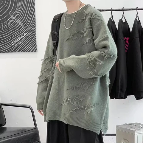 Потертые свитера мужские High Street сломанные красивые американские стильные однотонные необработанные края популярные весенне-осенние мужские пуловеры с напуском мягкие