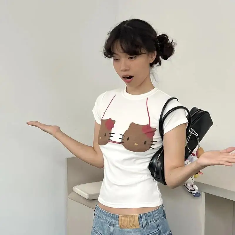 Sanrio Hello Kitty с коротким рукавом спереди и плечами летняя хлопковая футболка