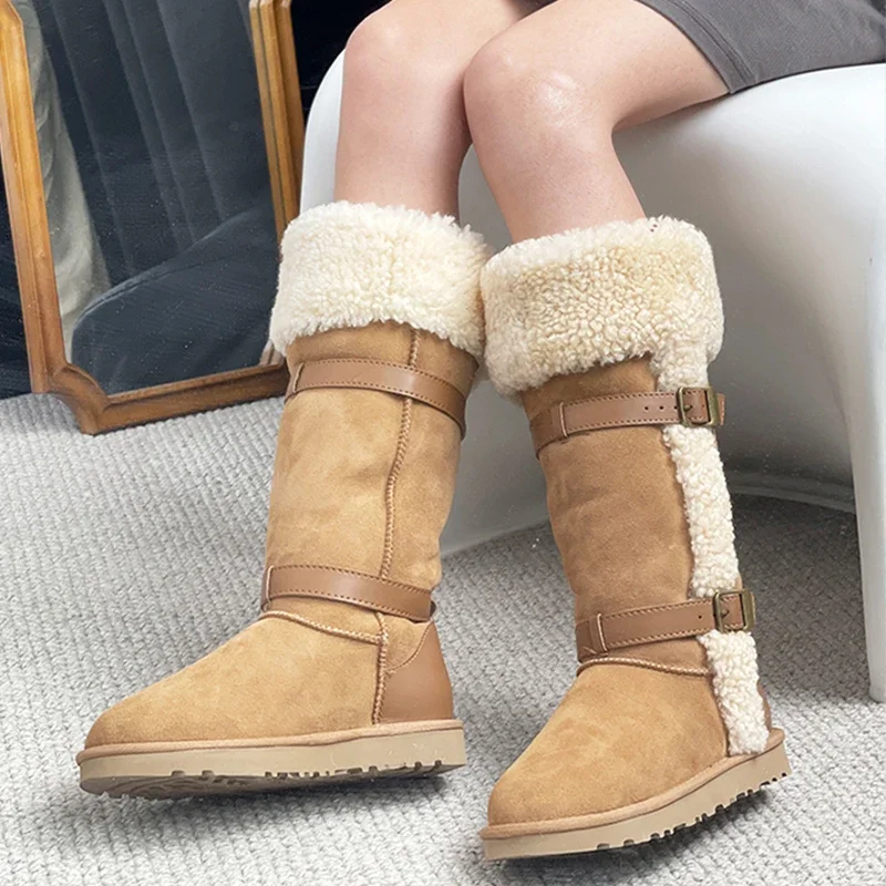 Хутряные зимние высокие сапоги женские замшевые трендовые короткие плюшевые