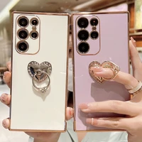love heart ring holder phone case for samsung galaxy s21 s22 ultra plus s20 fe a53 a52 a52s a13 a12 soft tpu plating back cover