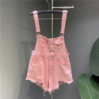 suspender denim pants womens summer jeans 2022 new loose single button pink jumpsuit shorts hot girls ripped hole jean overalls