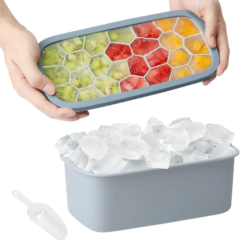 

Поднос для кубиков льда с крышкой и корзиной для морозильной камеры, легко снимается, 26 нестандартных гнущихся силиконовых форм для кубиков...