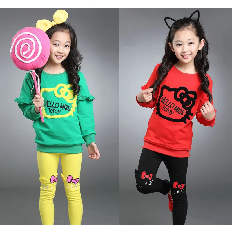 

Spring Autumn Girls Clothing Set Full Sleeve Cotton Lovely Cat Shirt + Pants 2Pcs Suit For Kids 2-9 Years Children Clothes
