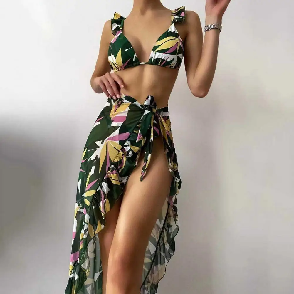 

Dropshipping!! 3 Pcs/Set Swimwear Set Colorful Floral Print Backless Straps Summer Beach Skirt for Swimming
