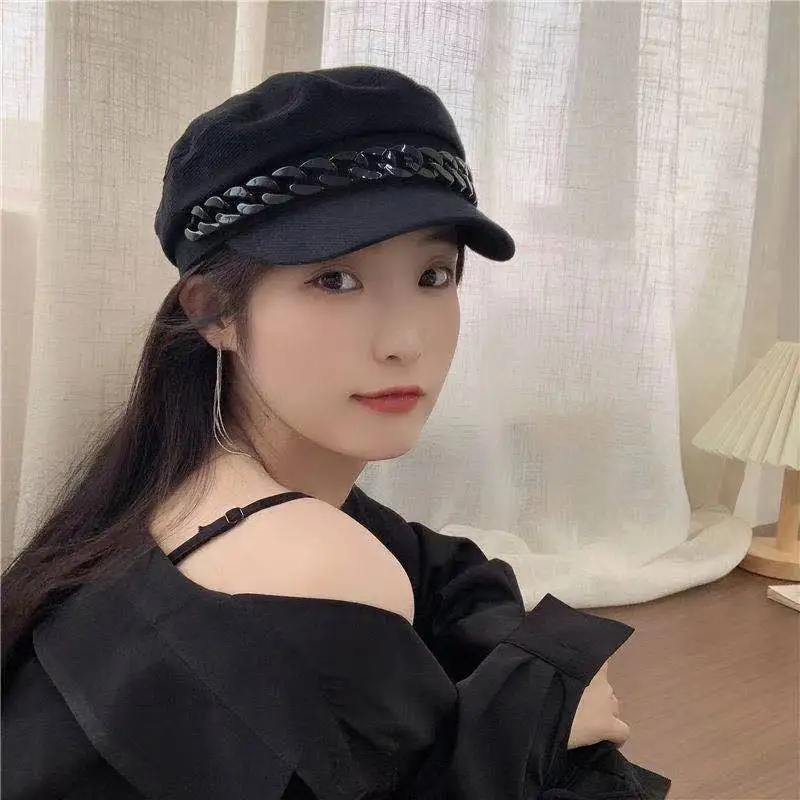 

Hats for Women Navy Hat Solid Chain Band Military Hat Temperament Elegant Retro Painter Cap Outdoor Casual 2022 Women Beret
