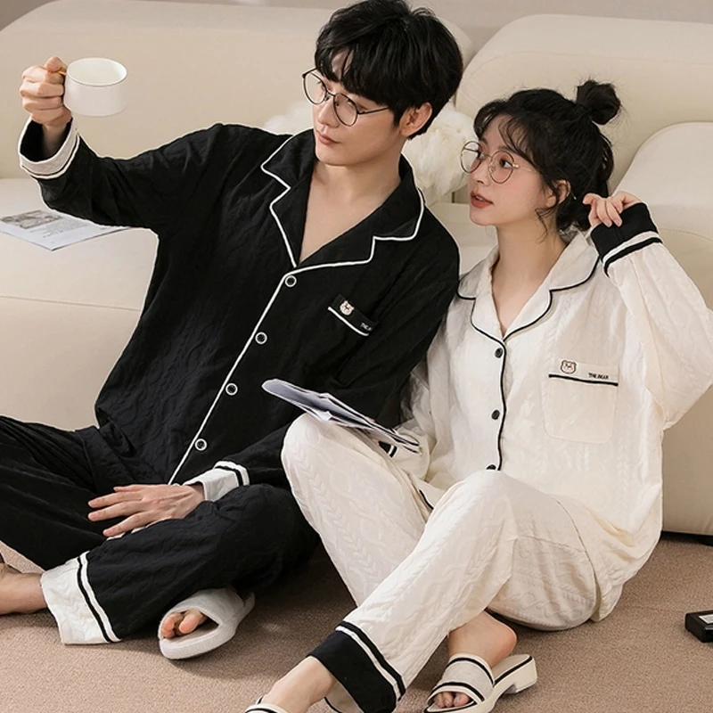 QUHENG Couple Sleepwear Cotton Winte New Pajamas Set for Woman 2022 Autumn Long Sleeved Trousers Casual Mens Home Clothing