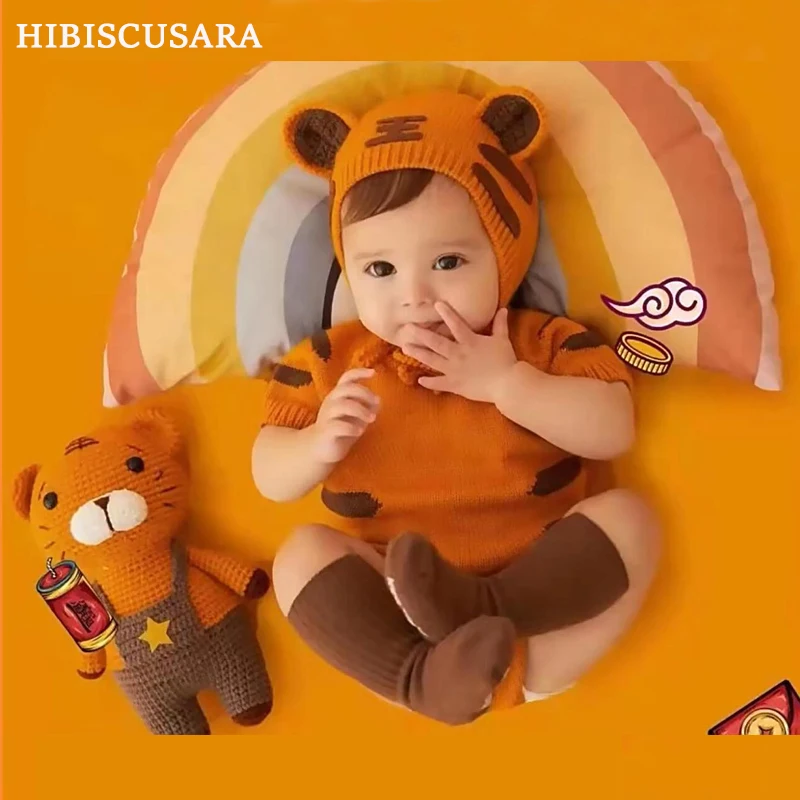 

Tiger Theme Baby Photo Shoot Clothing Knitted Romper Hat 2pcs Set Infant Boy Girl Photography Clothes Costumes Short Sleeve 3-6M