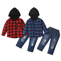 new spring and autumn boys long sleeve plaid hooded jacket denim trousers two piece childrens suit baby clothes