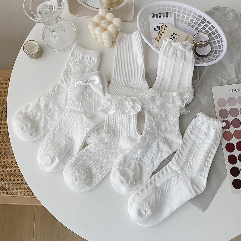 

1 Pair White Lace Bowknot Socks For Girl Women Fashion Breathable Lolita Style Soft Cute Cotton Middle Tube JK Socks