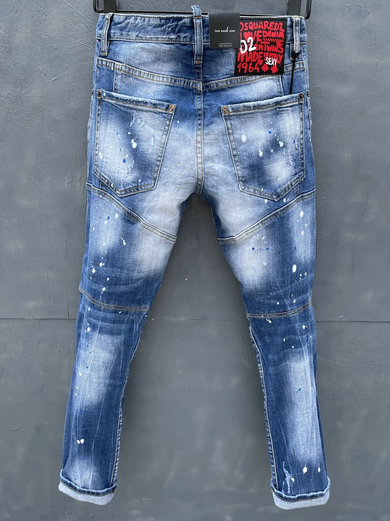 Spring New DSQUARED2 Men's/Women's Jeans Fashion Slim Stitching Three-Dimensional Cut Hole Patch Elastic Feet T153