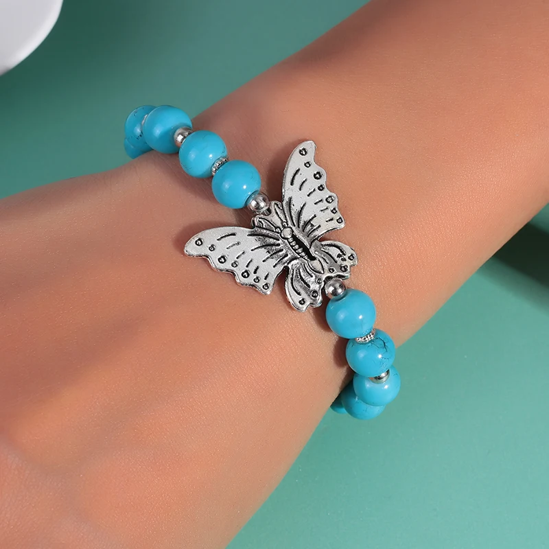 

Bohemia Natural Stones Butterfly Charms Bracelets & Bangles for Women Girls Beaded Chain Bracelets Summer Vacation Jewelry