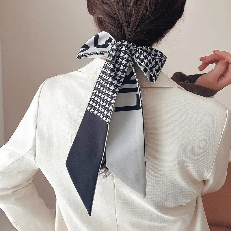 

Fashion Printing Chiffon Check Grace Long Ribbon Bow Lady Headdress Scrunchie Ponytail Holder Tie Women Silk Scarves Hair Band