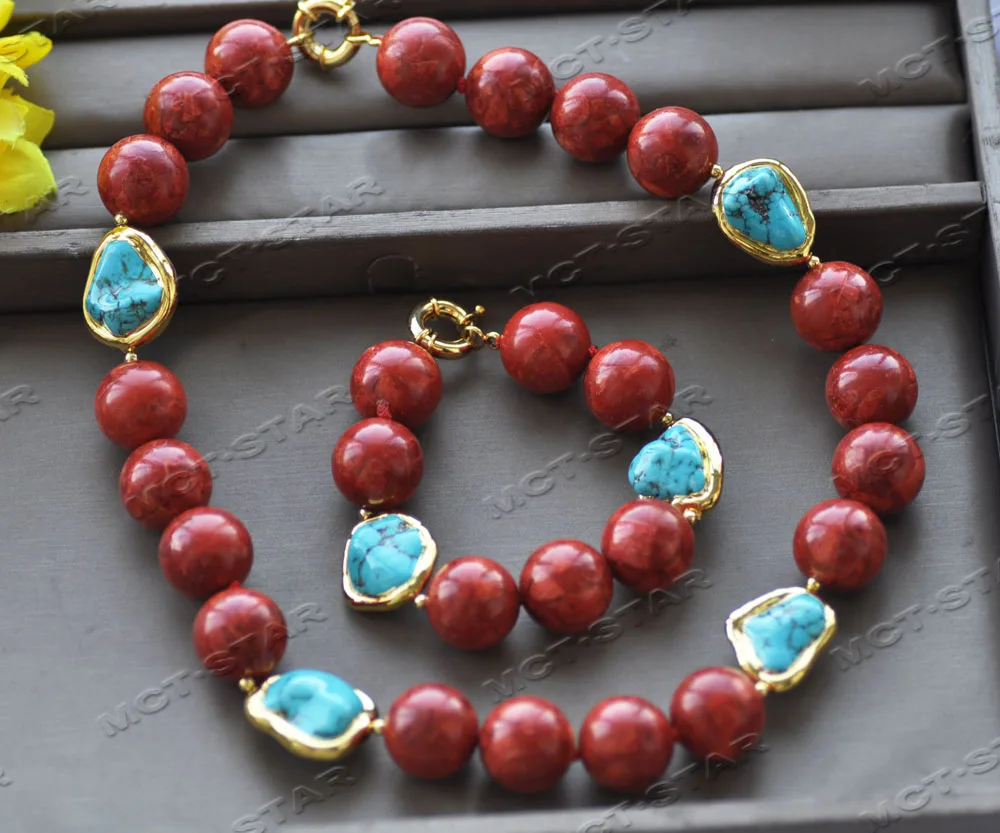 

Z12523 Set 18mm Red Round Coral Blue Baroque Gold plated Turquoise Necklace Bracelet