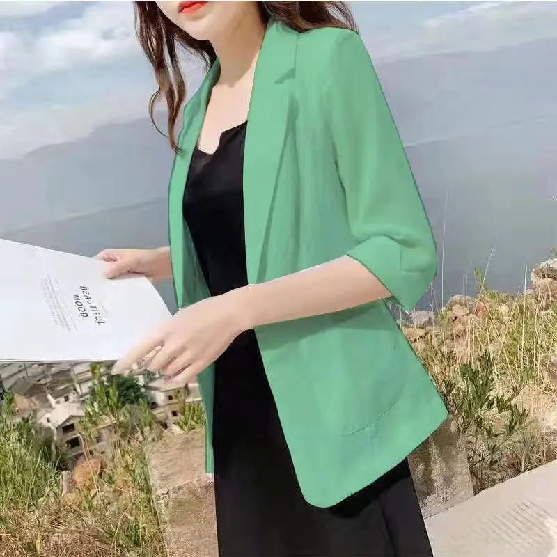 Spring Summer New Elegant Fashion Cotton Linen Blazers Ladies 3/4 Sleeve Temperament All-match Cardigan Coat Women's Jacket Top