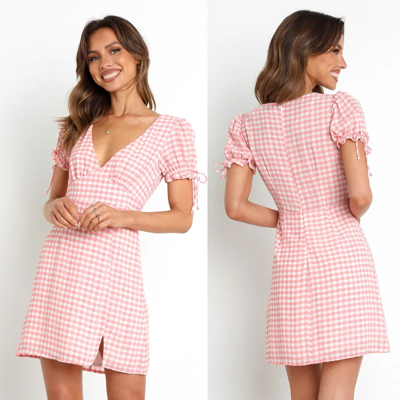 

European And American-Style2022Spring and Summer New Sexy DeepvWomen's Plaid Split Short-Sleeved Dress