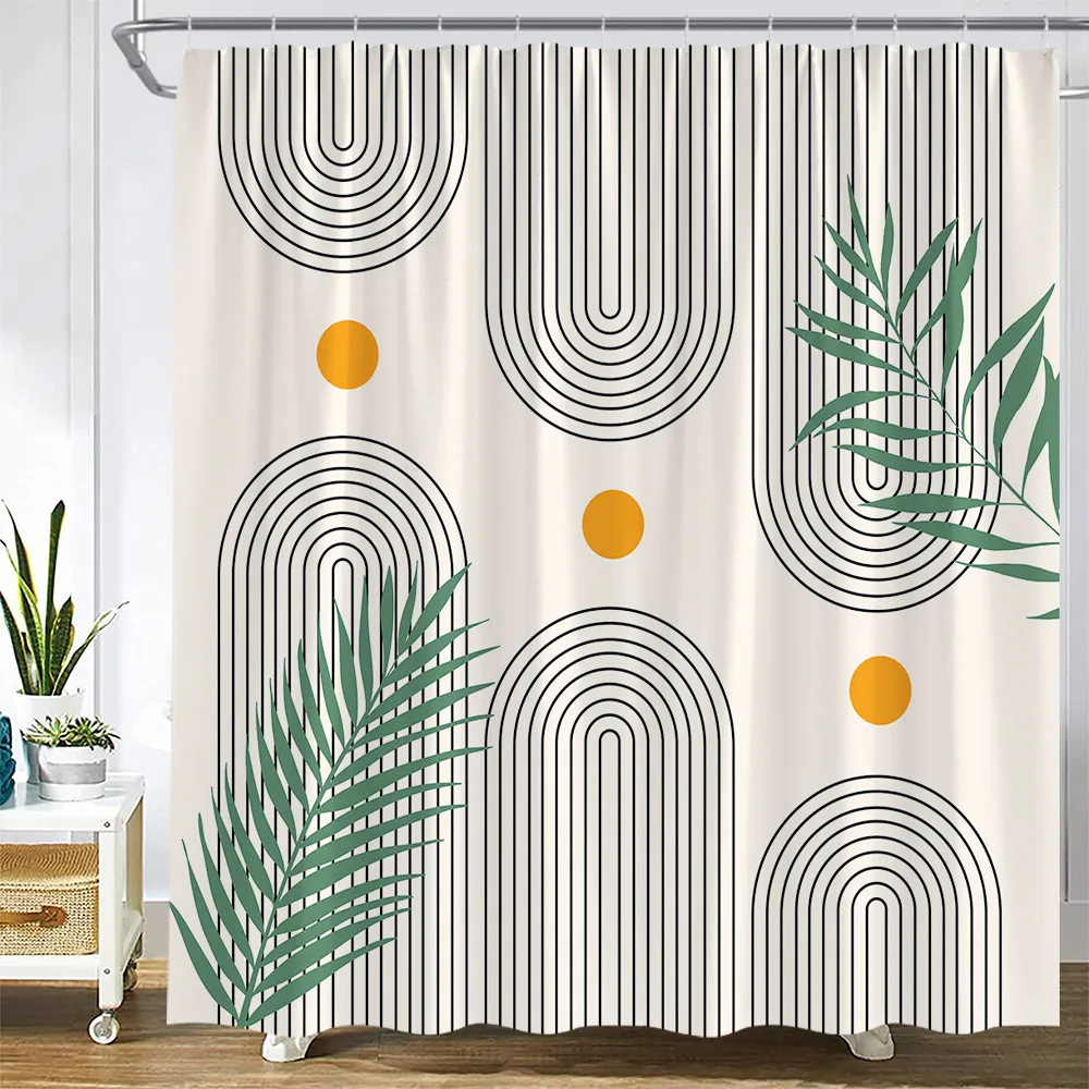 

Creative Mid Century Shower Curtains Green Plants Leaves Black Lines Abstract Geometric Bath Curtain Fabric Bathroom Decor Sets