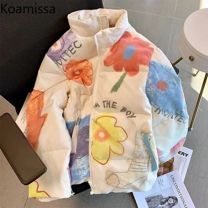 Koamissa Thick Warm Women Winter Parkas Fashion Ladies Causal Loose Print Quilted Coats Female Zipper Cropped Jackets Dropshipp