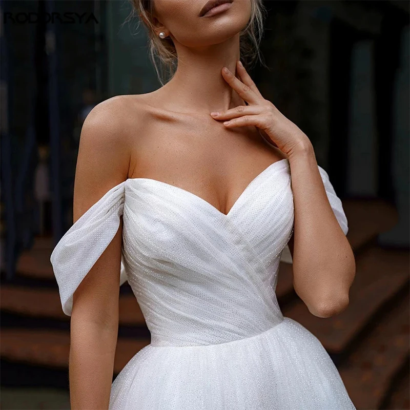

Private Custom Off Shoulder Glitter Tulle Wedding Dresses Sweetheart Straps Bridal Gowns For Bride Robe De Mariée Beach Sweep