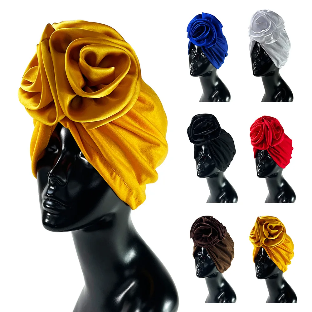

Satin Flower Turban Cap for Women India Hat Muslim Wrap Head Caps Islam Headscarf Bonnets
