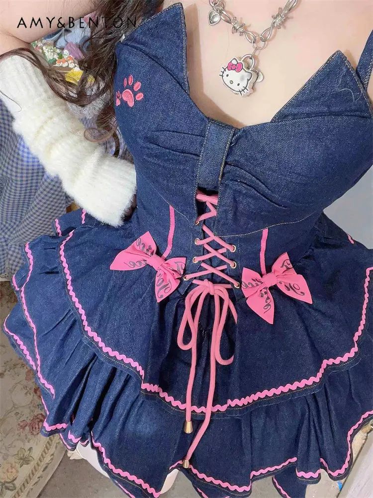 

Sweet Hot Girl Style Denim Dress Women's Japanese Vintage Lolita JSK Suspender Dress Female 2023 Summer Bow Dress