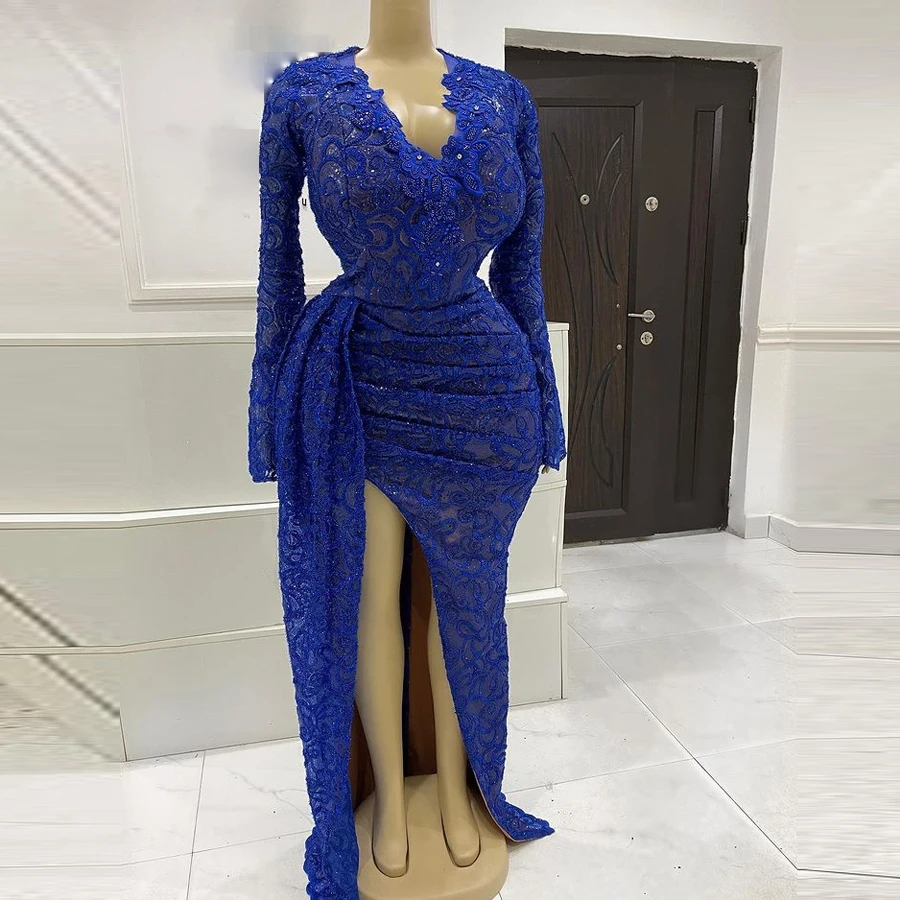 

Вечерние кружевные платья Королевского синего цвета с длинным рукавом, бусинами, складками и Боковым Разрезом, африканские женские вечерние платья, платье для выпускного вечера